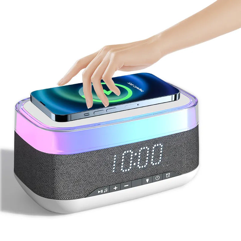 Multifunctional Alarm Clock with Wireless Charger, Bluetooth Speaker and Light